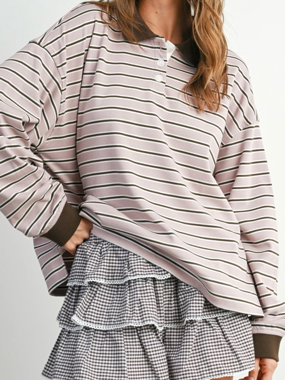 NWOT - Striped Polo Long-Sleeve Top in Mauve with Brown Trim